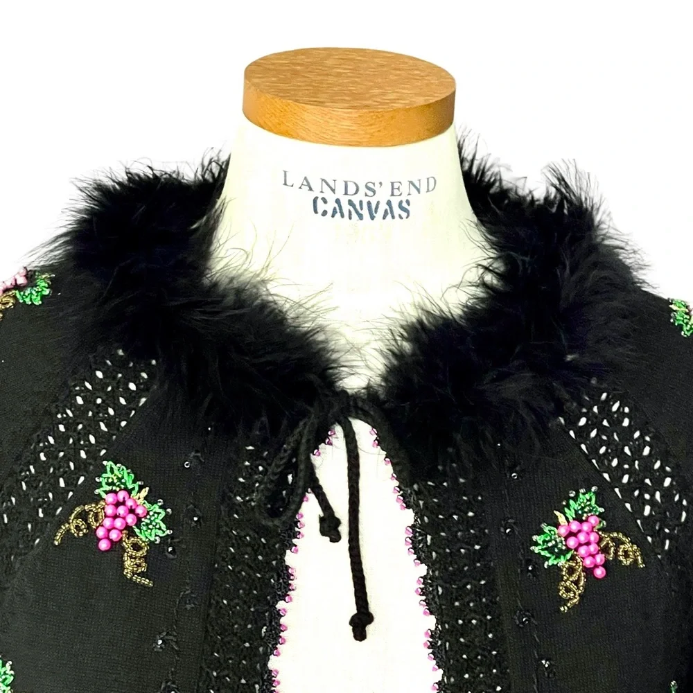 Just Be Black Beaded Faux Fur Collar Open Cardigan Sz S-M Tassel Tie Closure